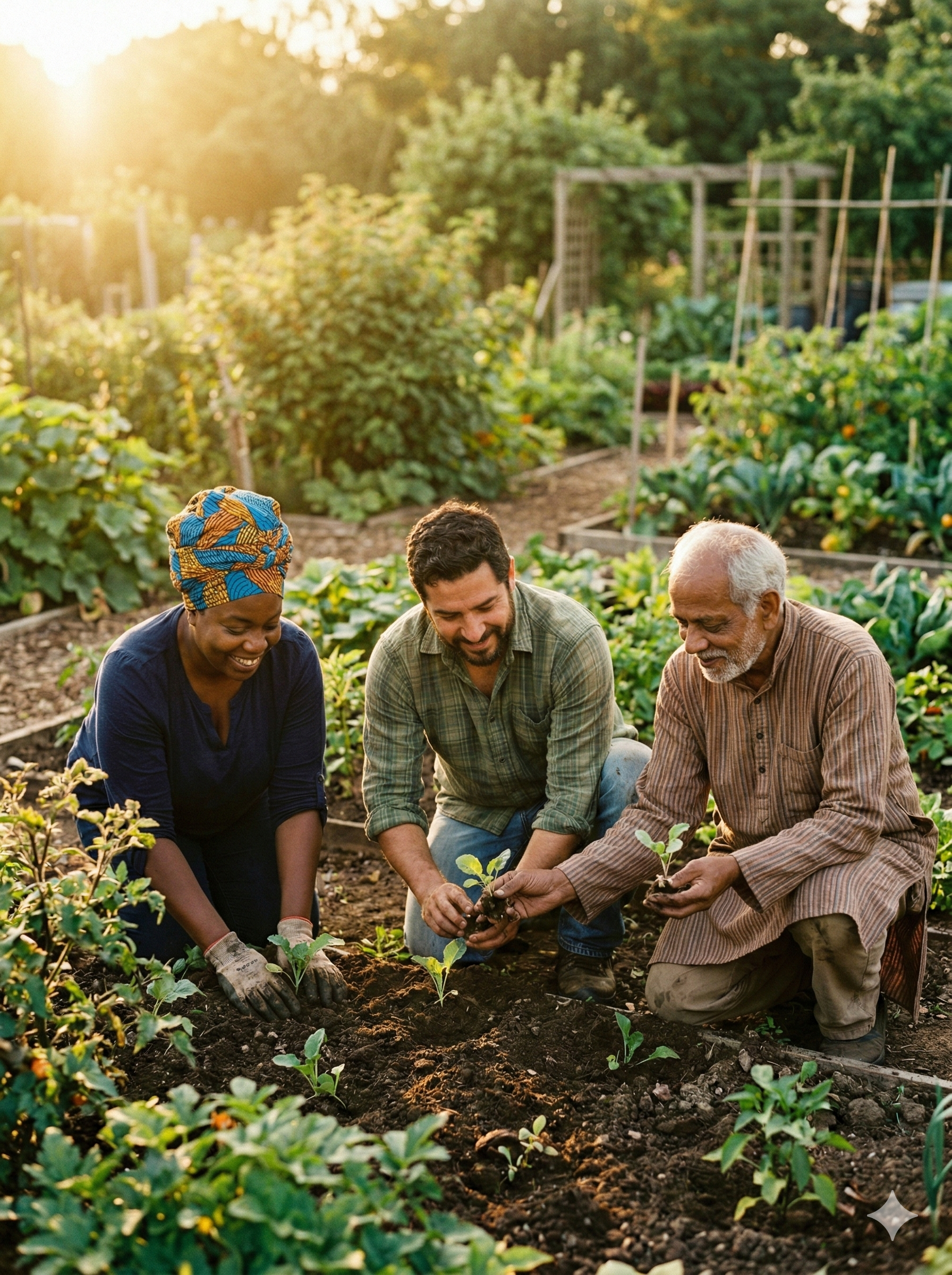 Diverse community members planting seedlings together in a sunlit garden